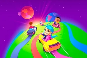 Personas conduciendo autos de colores sobre caminos curvos alrededor de un planeta estilizado con fondo púrpura