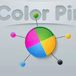 Texto Color Pin en la parte superior y un círculo dividido en cuatro colores (rosa, verde, amarillo y azul) con líneas que conectan a pequeños círculos de colores alrededor