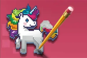 Un unicornio pixelado de colores brillantes con crin arcoíris sobre un fondo rosa, con un lápiz amarillo que detalla la imagen