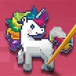 Un unicornio pixelado de colores brillantes con crin arcoíris sobre un fondo rosa, con un lápiz amarillo que detalla la imagen