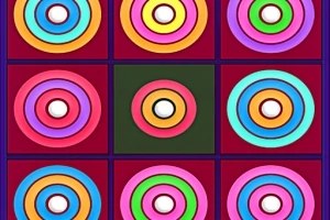Círculos concéntricos de colores brillantes dispuestos en una cuadrícula sobre un fondo rojo oscuro