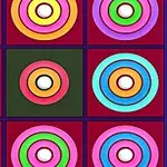 Círculos concéntricos de colores brillantes dispuestos en una cuadrícula sobre un fondo rojo oscuro