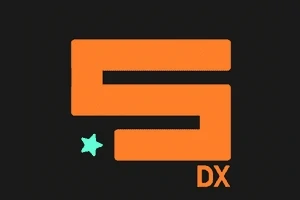 Logotipo con una S naranja, una estrella verde clara al lado y las letras DX en la esquina inferior derecha, sobre un fondo negro