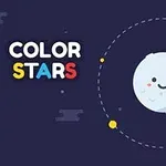 Ilustración de un planeta sonriente con pequeñas esferas coloridas orbitando alrededor sobre un fondo oscuro, acompañado de texto que dice COLOR STARS