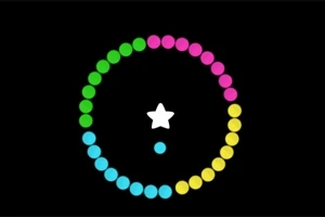 Círculo de puntos coloridos con una estrella blanca en el centro sobre fondo negro