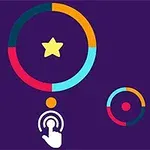 Círculos de colores con una estrella amarilla en el centro y un ícono de mano tocando en un fondo morado