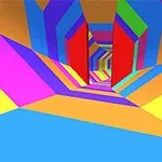 Túnel geométrico con patrones vibrantes y colores brillantes que incluyen rosa, azul, amarillo y rojo