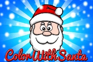 Dibujo caricaturesco de Santa Claus con fondo azul brillante y texto decorativo en rojo