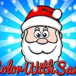 Dibujo caricaturesco de Santa Claus con fondo azul brillante y texto decorativo en rojo