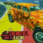 Coche retro con diseño psicodélico de colores vibrantes en una pista multicolor