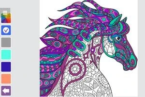 Dibujo de un caballo con diseño complejo y colores vibrantes como púrpura y turquesa, con patrones geométricos y florales en su cuerpo y crin