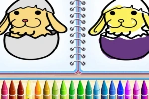 Dos dibujos de un perro saliendo de un cascarón en un cuaderno con crayones de colores en la parte inferior