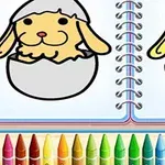 Dos dibujos de un perro saliendo de un cascarón en un cuaderno con crayones de colores en la parte inferior