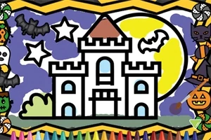 Castillo de líneas negras con un techo marrón, rodeado de estrellas, murciélagos y una luna llena en el cielo, con figuras de Halloween y crayones en los bordes