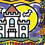 Castillo de líneas negras con un techo marrón, rodeado de estrellas, murciélagos y una luna llena en el cielo, con figuras de Halloween y crayones en los bordes
