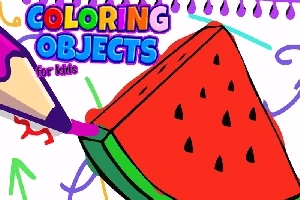Dibujo de una rebanada de sandía siendo coloreada con un lápiz morado sobre un fondo con formas y el texto Coloring Objects for Kids