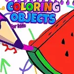 Dibujo de una rebanada de sandía siendo coloreada con un lápiz morado sobre un fondo con formas y el texto Coloring Objects for Kids