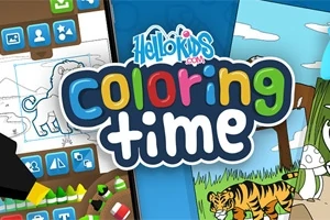 Ilustraciones de animales para colorear con un título colorido en el centro
