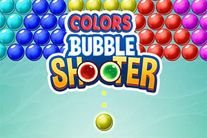 Logo colorido Colors Bubble Shooter rodeado de burbujas brillantes de varios colores sobre fondo turquesa