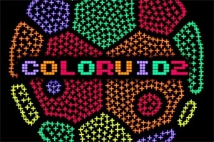 Texto COLORUID2 en el centro con fondos de patrones geométricos de colores brillantes sobre un fondo negro