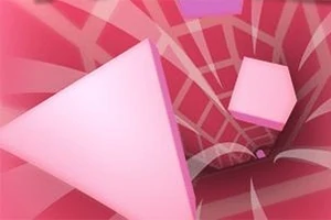 Triángulos y hexágonos rosados flotando en un túnel con un patrón a cuadros en tonos rosados