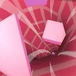 Triángulos y hexágonos rosados flotando en un túnel con un patrón a cuadros en tonos rosados