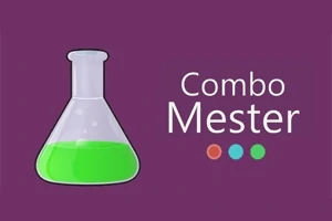 Matraz con líquido verde junto al texto Combo Mester sobre un fondo morado