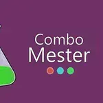 Matraz con líquido verde junto al texto Combo Mester sobre un fondo morado