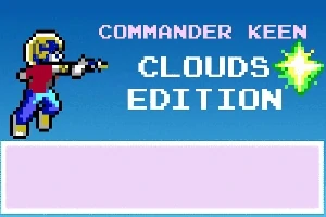 Un personaje de estilo pixel art con casco y pistola, junto a las palabras “Clouds Edition” y una estrella verde sobre un fondo azul