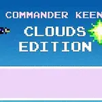 Un personaje de estilo pixel art con casco y pistola, junto a las palabras “Clouds Edition” y una estrella verde sobre un fondo azul