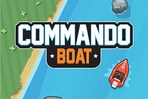 Texto Commando Boat en el centro, con un bote rojo en un río azul y un borde de tierra verde en la esquina superior izquierda