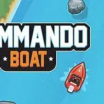Texto Commando Boat en el centro, con un bote rojo en un río azul y un borde de tierra verde en la esquina superior izquierda