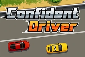 Dos autos, uno rojo y otro amarillo con diseño de taxi, circulan por una carretera con el texto Confident Driver en la parte superior