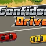 Dos autos, uno rojo y otro amarillo con diseño de taxi, circulan por una carretera con el texto Confident Driver en la parte superior