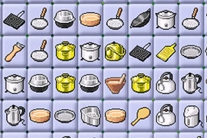 Iconos de utensilios de cocina como sartenes, ollas y teteras organizados en una cuadrícula sobre un fondo morado claro