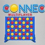 Tablero de juego vertical azul con fichas rojas y amarillas, acompañado del texto CONNECT 4 MULTIPLAYER en la parte superior