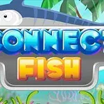 Texto Connect Fish en letras brillantes con un pez espada en la parte superior y un fondo marino tropical