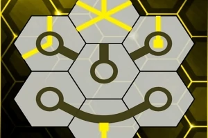 Hexágonos grises interconectados con líneas amarillas formando un patrón geométrico sobre un fondo oscuro