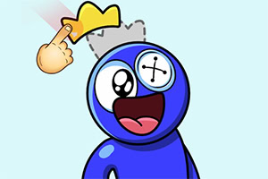 Personaje azul con un ojo de botón que mira hacia arriba, mientras una mano señala una corona amarilla sobre su cabeza