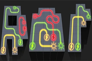 Conexiones de circuitos en paneles grises con líneas de colores rojo, verde y amarillo que se cruzan y conectan símbolos de electricidad y sol