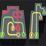 Conexiones de circuitos en paneles grises con líneas de colores rojo, verde y amarillo que se cruzan y conectan símbolos de electricidad y sol