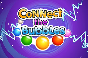 Texto colorido Connect the Bubbles sobre un fondo morado con burbujas brillantes y líneas eléctricas azules