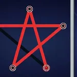 Estrella de cinco puntas roja con líneas conectadas a círculos en un fondo azul oscuro