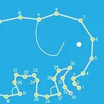 Dibujo de un elefante en líneas y puntos conectados sobre un fondo azul