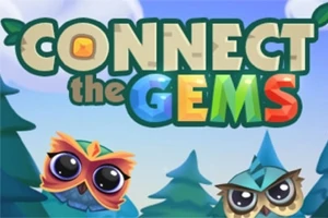 Título colorido Connect the Gems con fondo de árboles y búhos caricaturescos