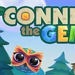 Título colorido Connect the Gems con fondo de árboles y búhos caricaturescos