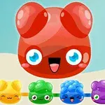 Un personaje rojo sonriente con ojos azules grandes sobre un fondo claro, acompañado de cuatro personajes pequeños y coloridos en la parte inferior