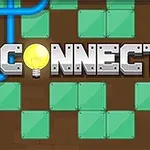 Texto Connector en letras grandes con una bombilla como letra O, rodeado de tuberías azules sobre un fondo de cuadrados verdes