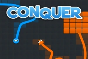 Dos líneas, una azul y otra naranja, con caras y expresiones, sobre un fondo oscuro con un patrón de cuadrados, acompañadas del texto CONQUER