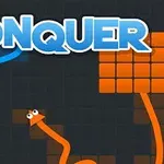 Dos líneas, una azul y otra naranja, con caras y expresiones, sobre un fondo oscuro con un patrón de cuadrados, acompañadas del texto CONQUER